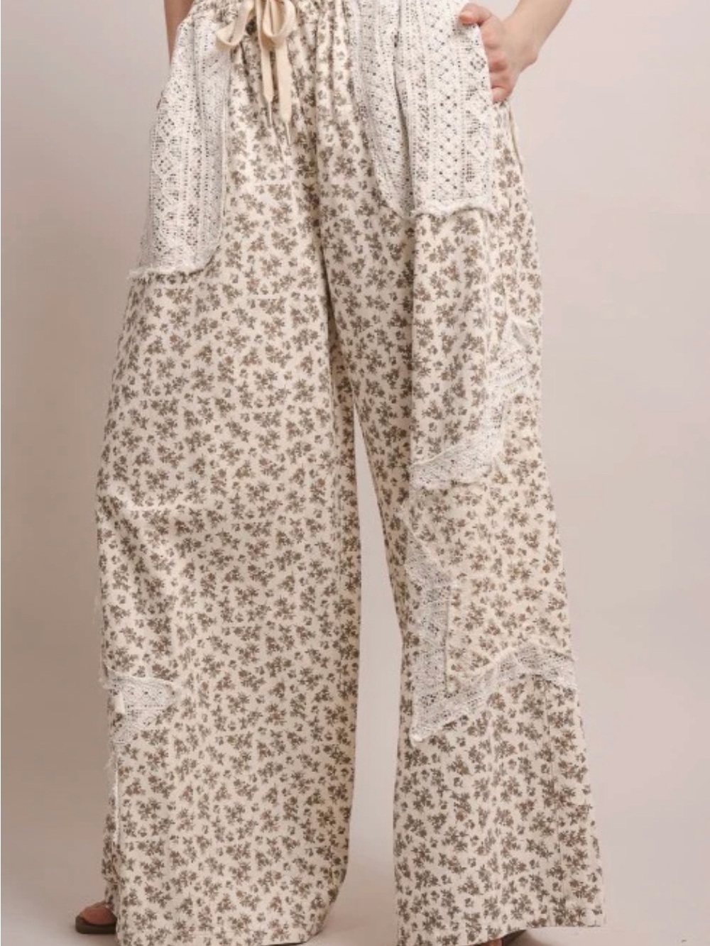 Wide Leg Floral Patchwork Pants in Cream